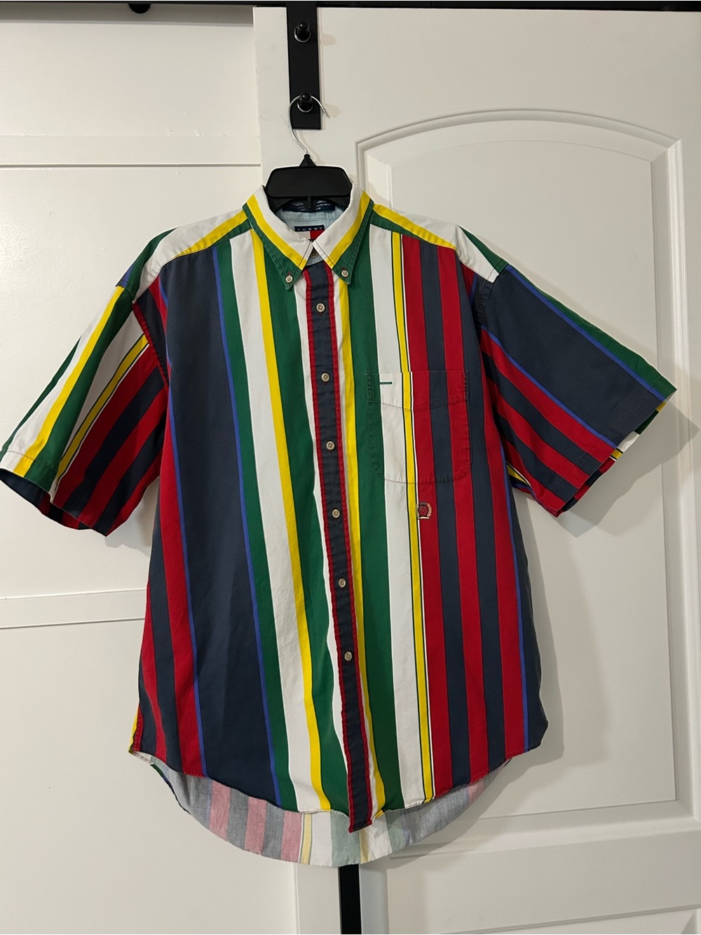 Vintage 90s Tommy Hilfiger Striped Shirt Crest Logo Colorblock Mens Large L